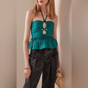 Ulla Johnson Adaleigh Keyhole Peplum Halter Top Blouse Verdigris Size 10 $290